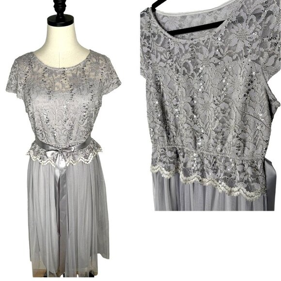 1950's VINTAGE 6 Stretch Lace Tulle Fit & Flare Midi Dres Sequin Gray Silver EUC - Picture 1 of 12
